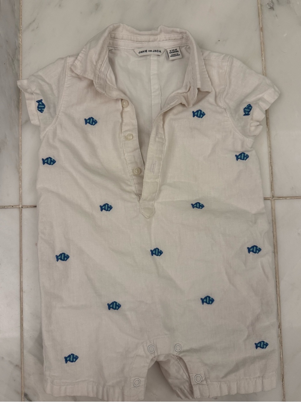 Janie and Jack White Button-Front Romper with Blue Fish Embroidery